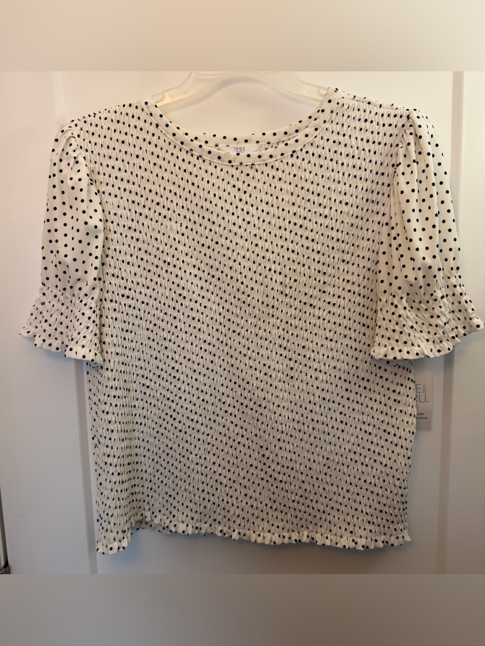XL Time and Tru White Short Sleeve Polka Dot Smocked Top